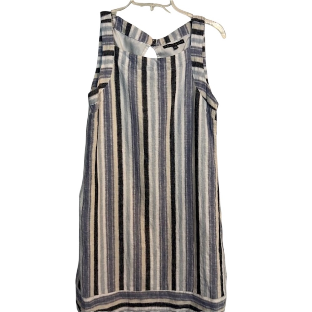Sharagano Linen Blend Striped Sleeveless Shift Dress | Size 8 Blue Gray White